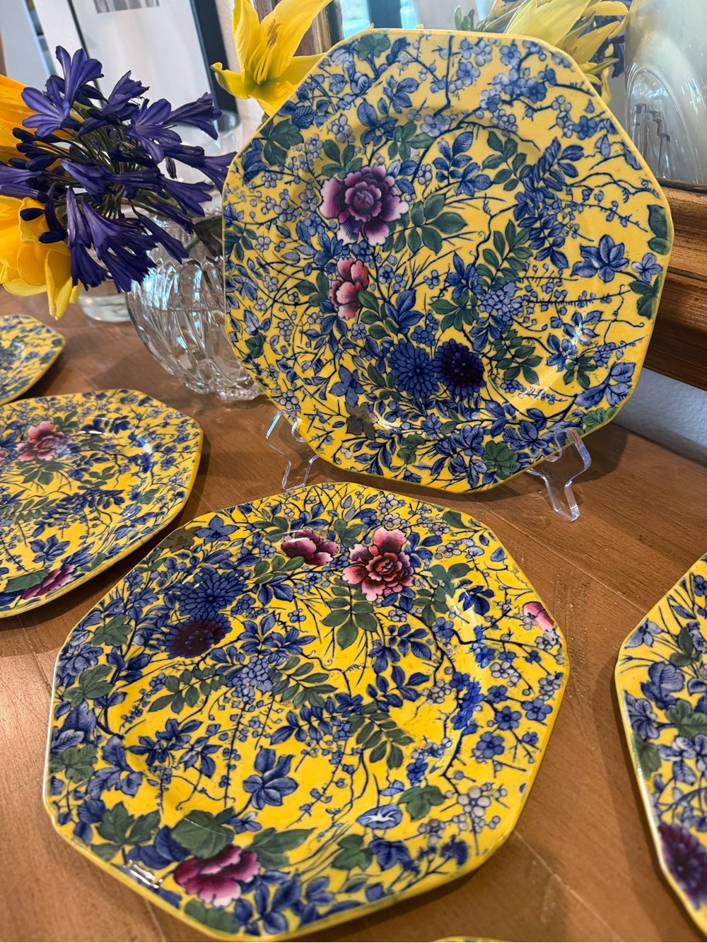 Set 6 Cauldon England Yellow Chintz Floral Luncheon Plates 9” Cottagecore